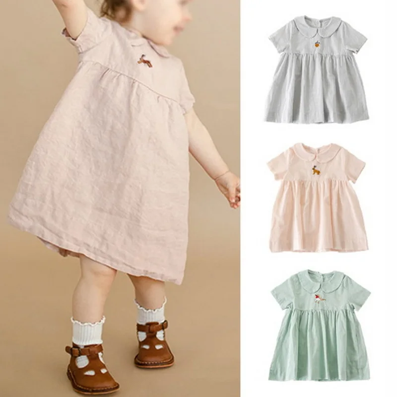 New Summer Baby Girl Dress Solid Color Cotton and Linen Embroidery Peter Pan Collar Short Sleeves Dresses Kids Clothes E3255
New Summer Baby Girl Dress Solid Color Cotton and Linen Embroidery Peter Pan Collar Short Sleeves Dresses Kids Clothes E3255