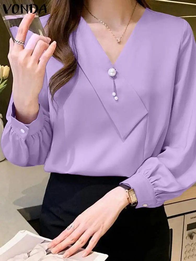 

Блузка VONDA женская с рукавами-фонариками и V-образным вырезом, элегантная однотонная модная офисная рубашка, пикантный Пляжный топ, весна-лето 2024
