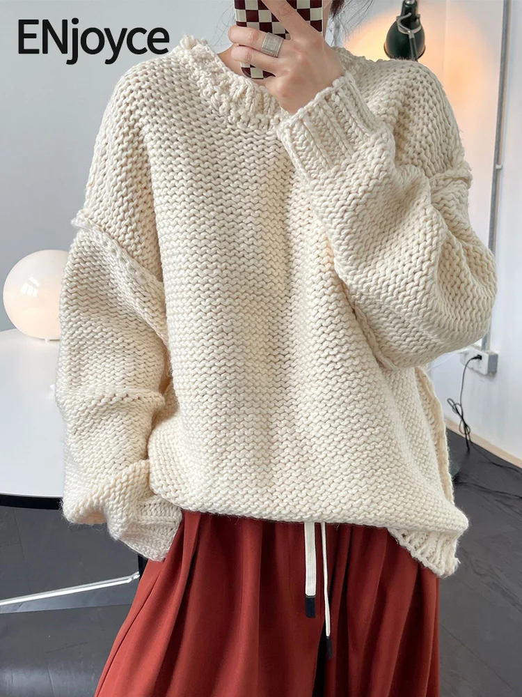 

ENjoyce Women Thick Yarn Warm Woolen Sweater Korean Fashion Loose Profile Long Sleeve Knitted Pullover Knitwear Autumn Winter