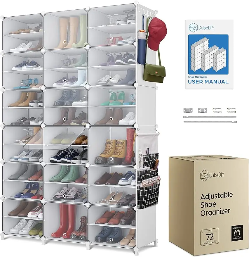 

Shoe Organizer Cabinet Up to 72 Pairs, Shoe Closet-Portable Closed Shoe See-Through Door (Clear, Plastic, Stackable) Cubby Shoes