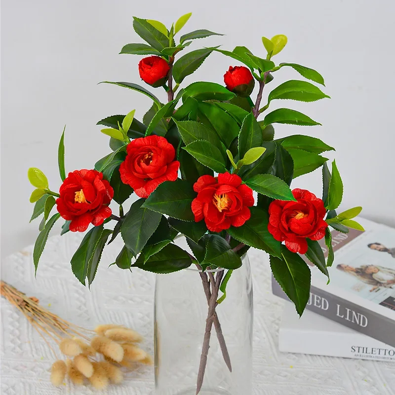 

New 3head artificial camellia tree silk flower spring silk flower PVC bonsai arch wedding props home decoration fake plant