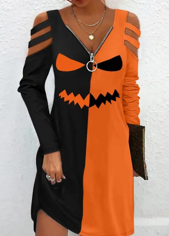 Spot 2023 Women's New Hot Sale Casual Halloween Scary Face Print Color Block Cold Shoulder Dress
Spot 2023 Women's New Hot Sale Casual Halloween Scary Face Print Color Block Cold Shoulder Dress