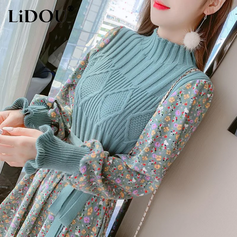 

Autumn Winter Half High Collar Elegant Fashion Sweater Corduroy Patchwork Dress Women Floral Casual All-match Robe Midi Dresses