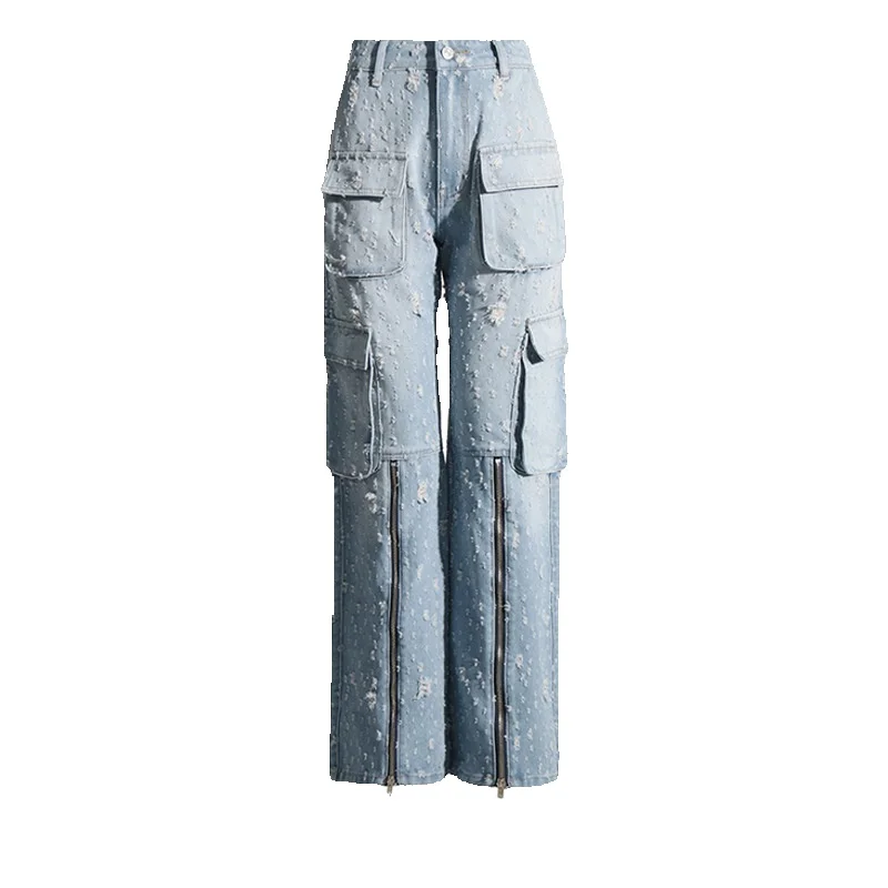 

Design InspIred Solid Blue WorkWear Pants For Spring 2024, New And DistresseD Multi Pocket HigH Waisted Long Jeans