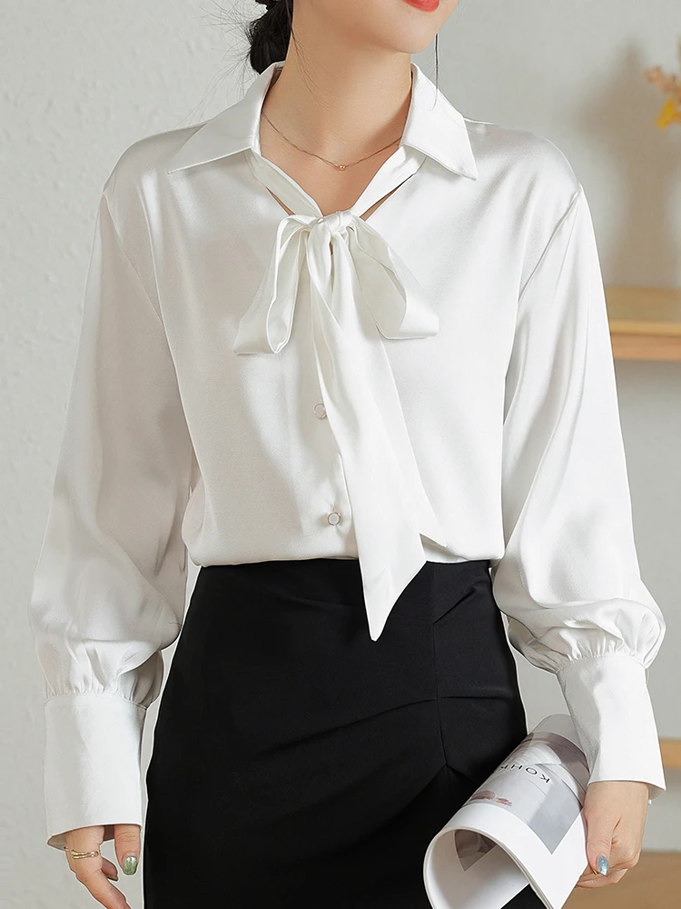 

QOERLIN Women Bow Tie Neck Blouses Casual Tops Long Sleeve Button Shirts S-XL Bussiness Single-Breasted White Shirts Office Wear