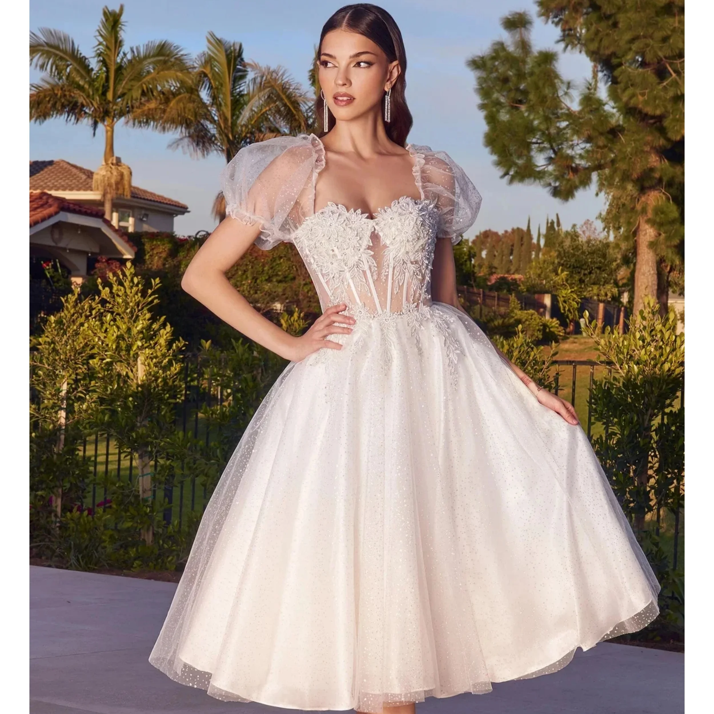 

Женское винтажное свадебное платье It's yiiya, белое короткое Кружевное платье с пышными рукавами на лето 2019
