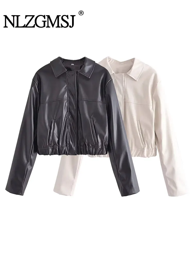 

Nlzgmsj TRAF 2023 New Autumn Winter two-tone Women Crop Tops PU Leather Jacket Solid Long Sleeve Lapel Coats