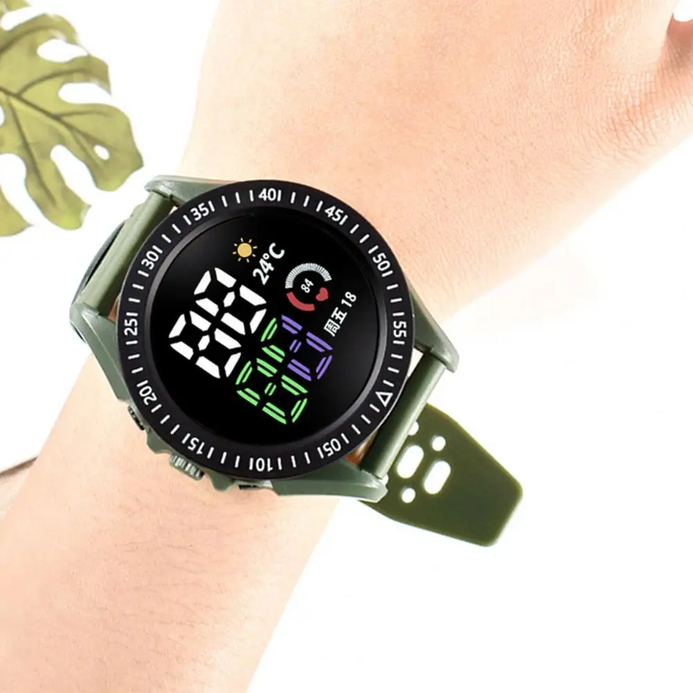 Светодиодный цифровые часы с цветным экраном с защитой от брызг, долгий срок службы, круглый циферблат, отображение даты, наручные часы, спортивные электронные часы для фитнеса
Светодиодный цифровые часы с цветным экраном с защитой от брызг, долгий срок службы, круглый циферблат, отображение даты, наручные часы, спортивные электронные часы для фитнеса