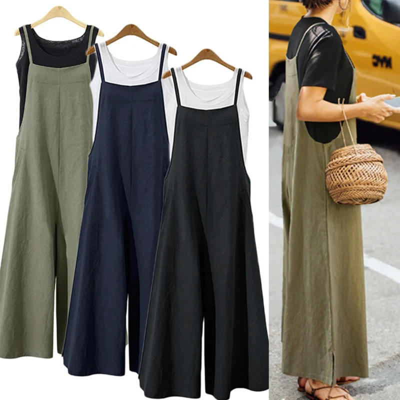 

Casual Loose corset Jumpsuit Women Solid Linen Straps Wide Pants Dungaree Bib Overalls Sleeveless Oversized Fashion Promotion