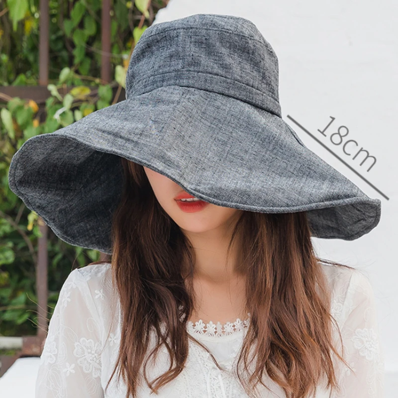 

Summer 18cm Oversized Wide Brim Sun Hats Women Uv Protection UPF 50+ Sunshade Beach Hat Cotton Linen Foldable Bucket Hat Panama