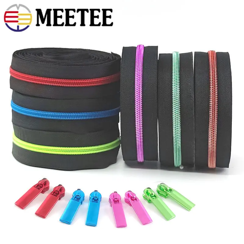 

2/5M Meetee 5# Nylon Zipper Tape with Zip Sliders Bag Jacket Decor Zippers Puller Coil Zips Repair DIY Sewing Closures Accessory