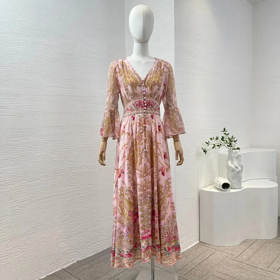 

Silk Prairie Chic Pink Green Floral Print Flare Sleeve V-Neck Midi Dress 2024 New Arrivial Spring Summer High Quality Clothes