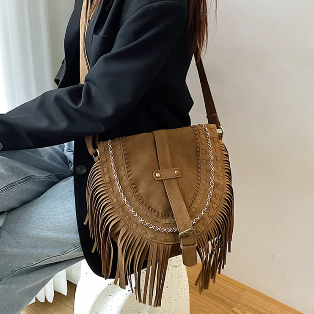 

Сумки через плечо из искусственной замши для женщин, роскошная дизайнерская сумка-мессенджер в этническом стиле Ibiza с кисточками, Женская винтажная фотосумка