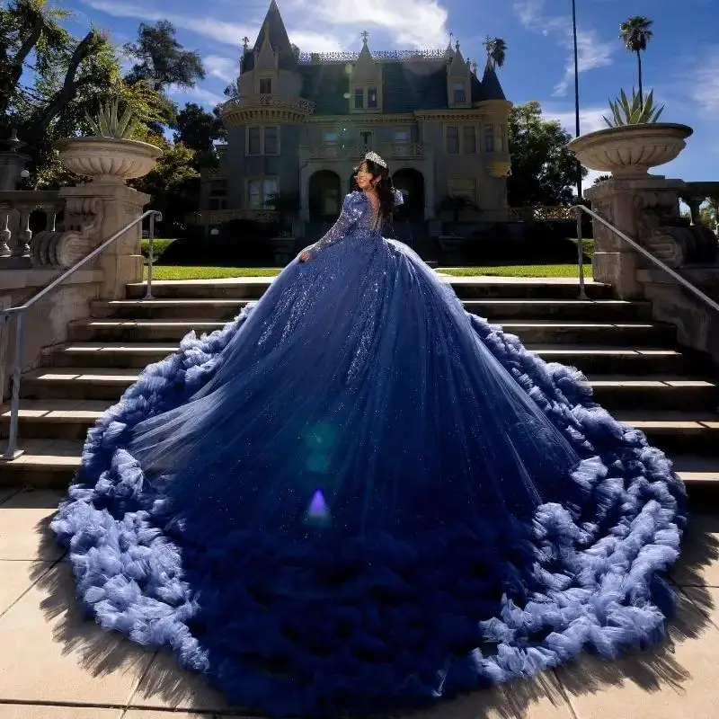 2024 Navy Blue O-Neck Quinceanera Dresses Applique Lace Beads Long Sleeves Tull Tiered Ball Gown Sweep Train vestidos de 15
2024 Navy Blue O-Neck Quinceanera Dresses Applique Lace Beads Long Sleeves Tull Tiered Ball Gown Sweep Train vestidos de 15