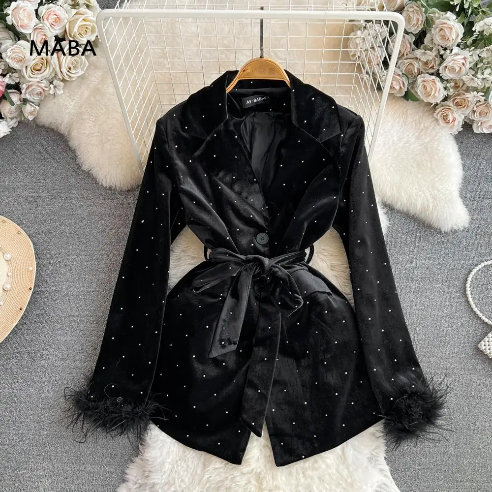 Autumn Winter Women Black Velvet Diamond Blazers Jacket Temperament High-grade Feather Long Sleeved Lace-up Slim Outerwear Coats
Autumn Winter Women Black Velvet Diamond Blazers Jacket Temperament High-grade Feather Long Sleeved Lace-up Slim Outerwear Coats