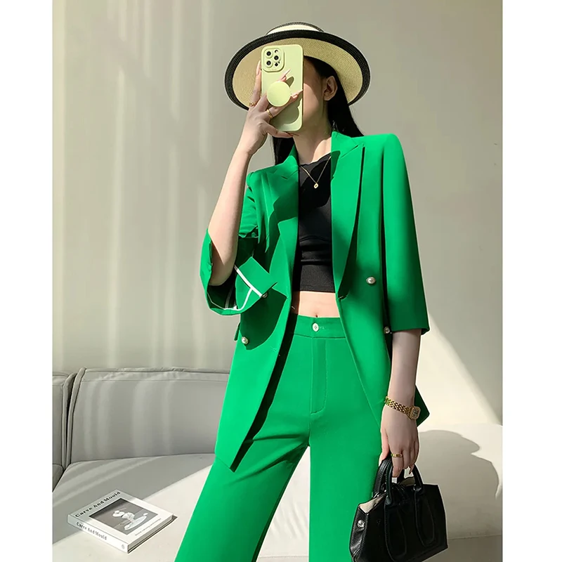 

Green women's suit jacket set, high-end slim fitting double breasted suit 2024 new fashion casual wide leg pants 2-pc set