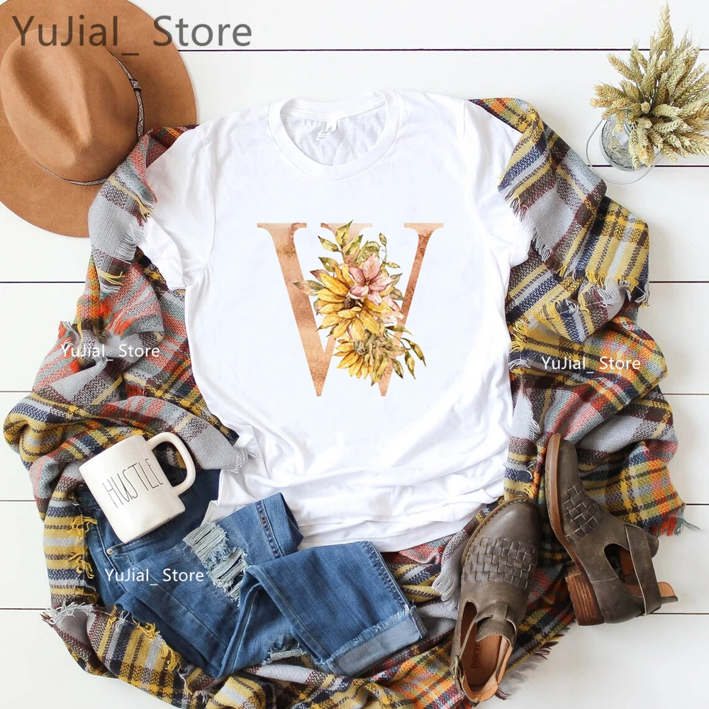 

Watercolor Floral Sunflower 26 Alphabet Letter M Print T Shirt Women'S Clothing Autumn/Fall Tshirt Femme Summer Fashion T-Shirt