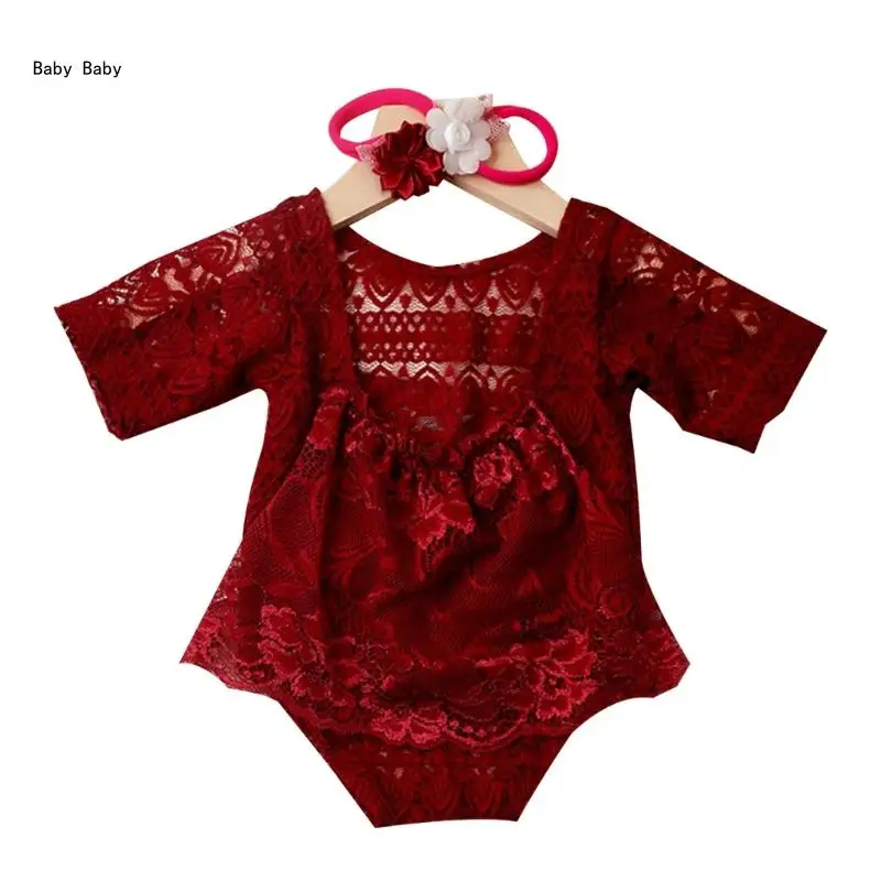 

Newborns Photo-Shooting Props Headwear & Lace Romper Posing Clothes Shower Gift Q81A