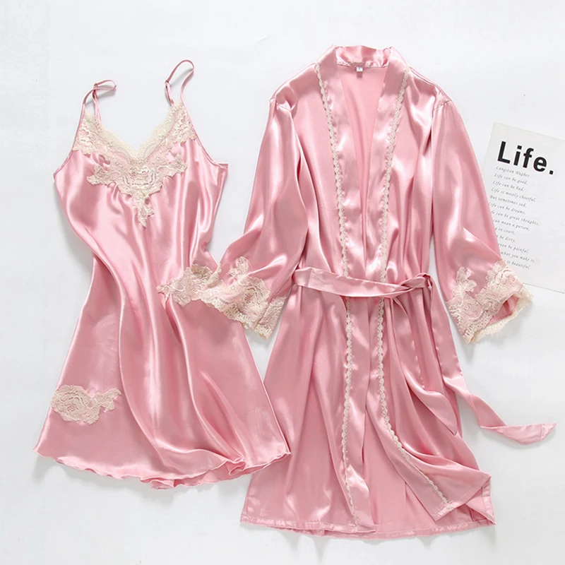 Nightshirt Set 2PC Silk Robe Sleep Suit Womens Lace Satin Pajamas Gown Set V-Neck Nighties Wear Pijama Home Nightwear Nightdress
Nightshirt Set 2PC Silk Robe Sleep Suit Womens Lace Satin Pajamas Gown Set V-Neck Nighties Wear Pijama Home Nightwear Nightdress