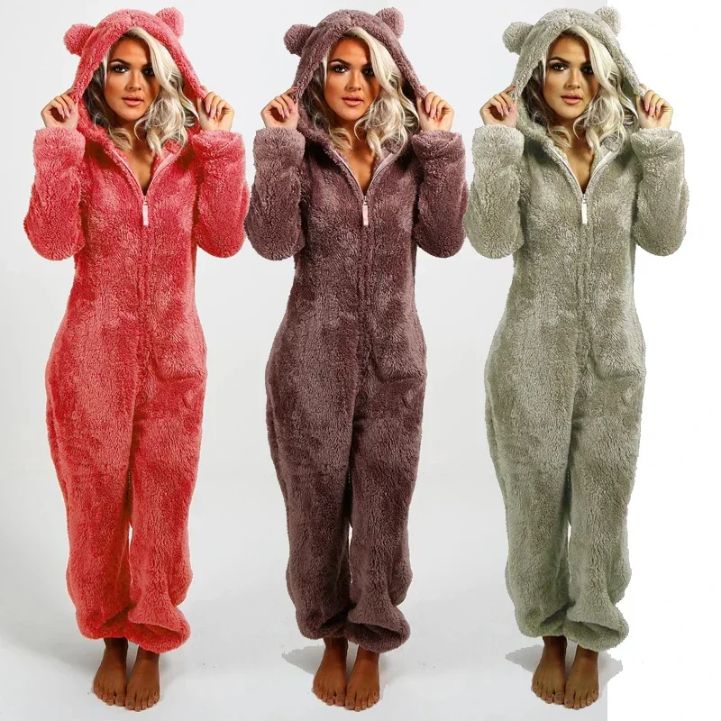 

Fleece For Pajamas Women Pyjamas Sleepwear Hooded One-Piece S-5XL Women Coral Christmas Warm Size Onesies Winter Plus Jumpsuit