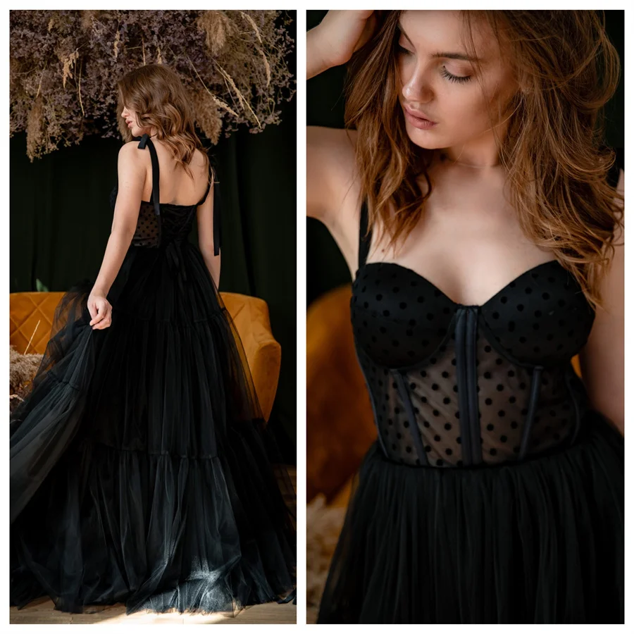 Woman Black Polka Dot Tulle Prom Dress Spaghetti Straps Lace Back Up Adjustable Long Evening Dress vestidos de graduación
Woman Black Polka Dot Tulle Prom Dress Spaghetti Straps Lace Back Up Adjustable Long Evening Dress vestidos de graduación