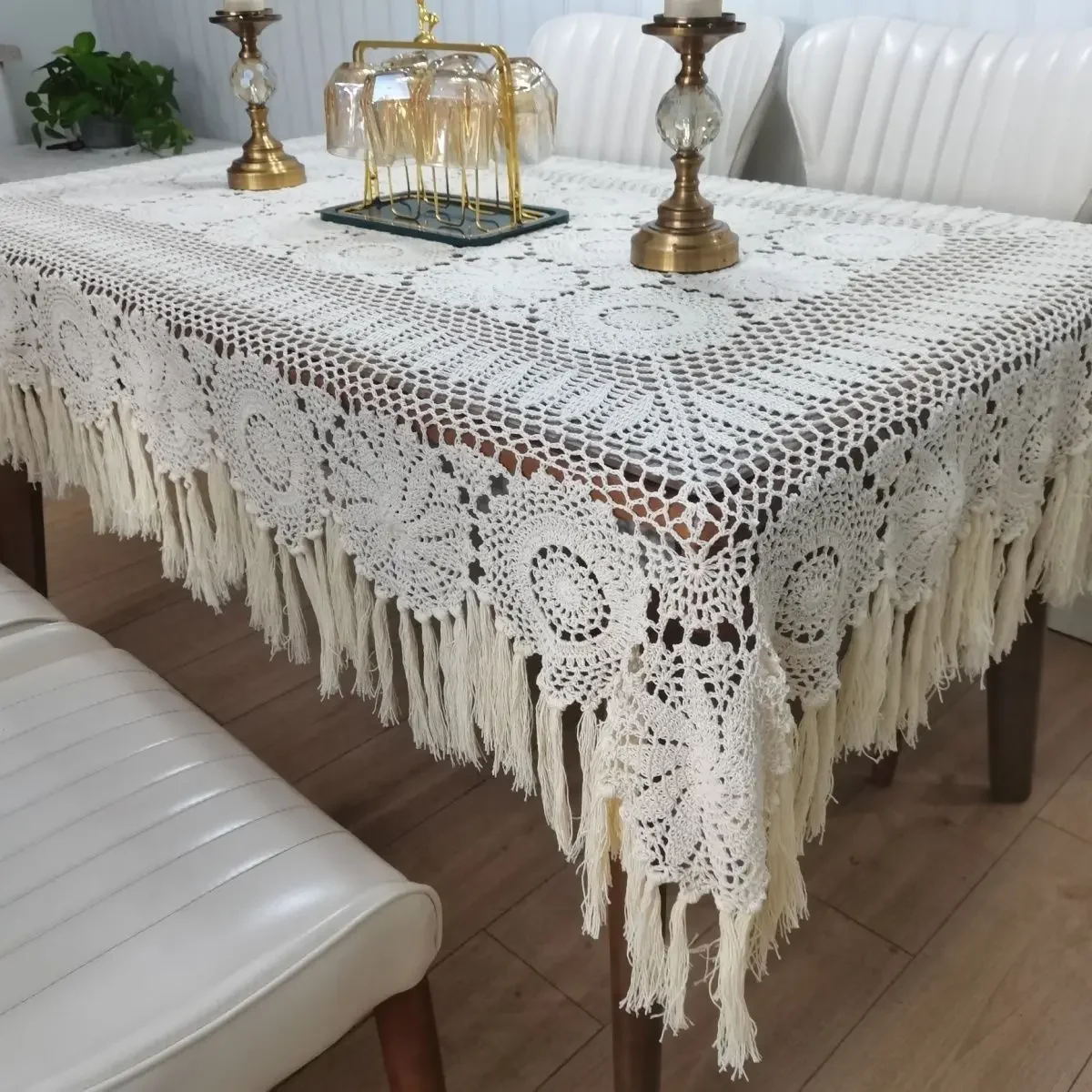 

Pure Cotton Handmade Crochet Tablecloth Beige Lace Hollowed Out Tabletop Cover Changliu Su Home Decoration Dustproof Cloth