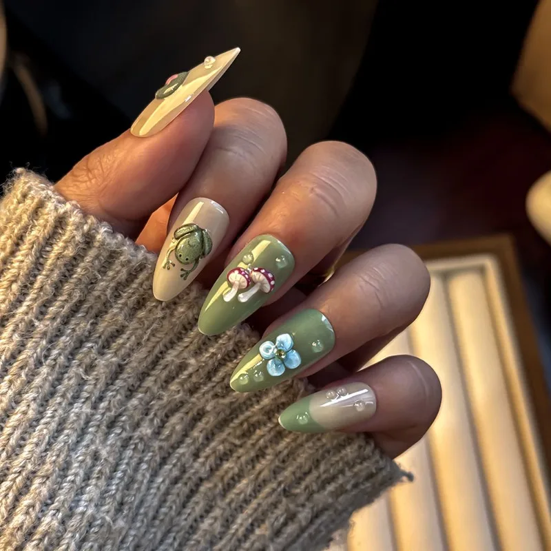 24PCS Summer Green Lotus Almond Press on Nails Cute Frog French Fake Nails for Women Fresh Flowers Wearable Manicure with Glue 14 Se1224089cdfb4d66987e35bc7d7a7d9fA