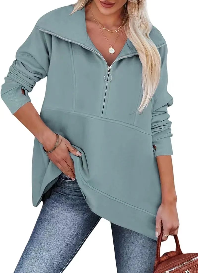 Solid Color Sweater Women 2023 European and American Autumn and Winter New Women's Polo Half Zip Mid length Loose hoodies
Solid Color Sweater Women 2023 European and American Autumn and Winter New Women's Polo Half Zip Mid length Loose hoodies