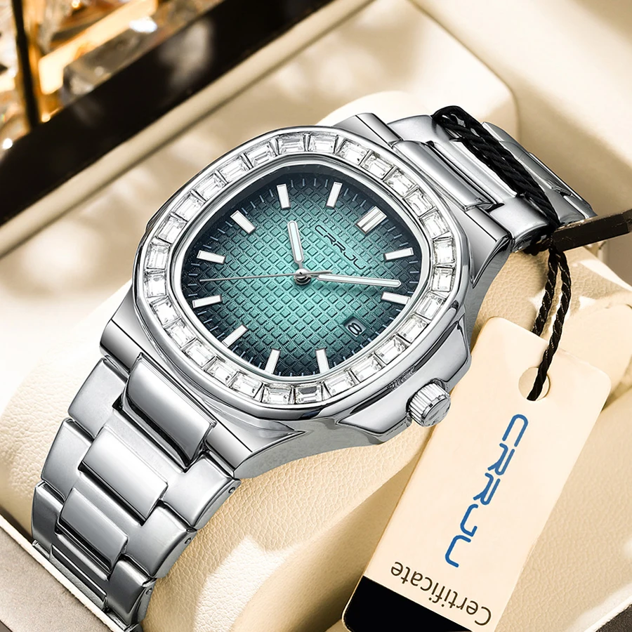 

CRRJU Luxury Watch Business Waterproof Male Clock Luminous Date Stainless Steel Square Quartz Men Watch reloj hombre