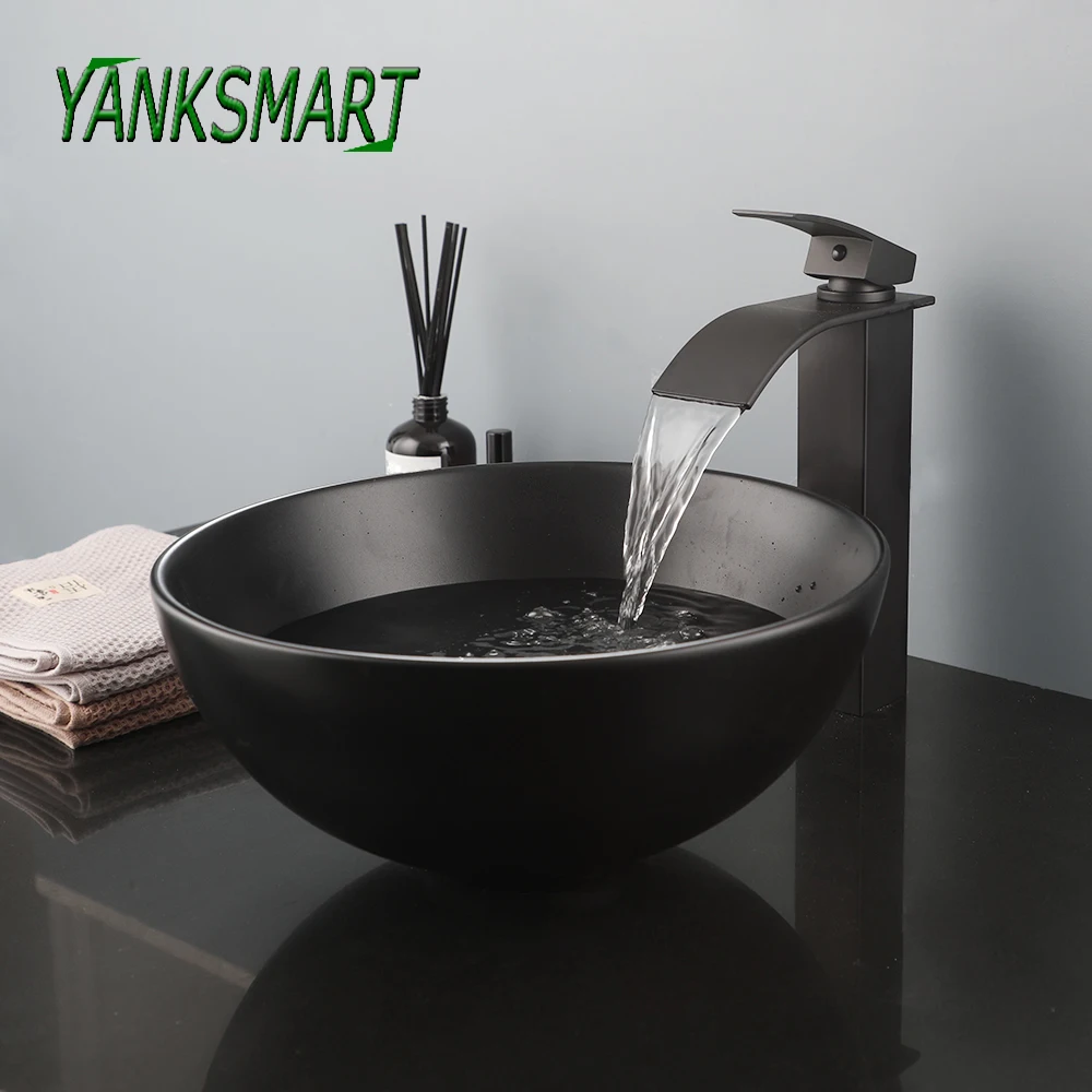 

YANKSMART Round Glass Tempered Basin Sink Washbasin Faucet Set Bathroom Counter Top Washroom Vessel Vanity Sink Mixer Water Tap