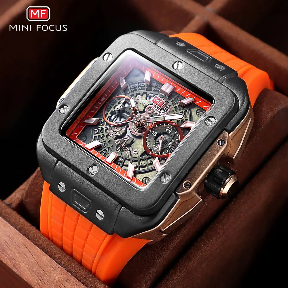

MINI FOCUS Orange Watch for Men Fashion Waterprood Chronograph Quartz Sport Wristwatch with Silicone Strap Date Luminous Hands