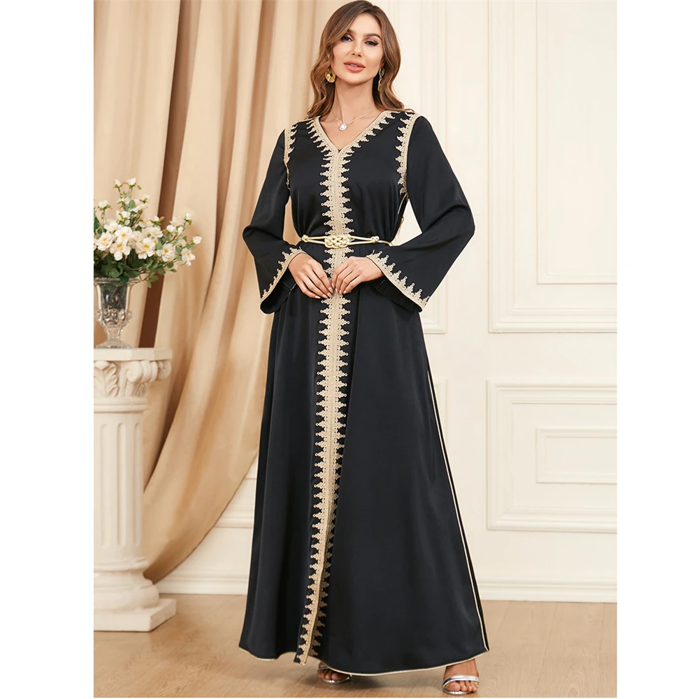 

Arab Morocco Muslim Dress Abaya Women Embroidery Maxi Abayas Belted Dubai Turkey Islam Kaftan Longue Musulmane Vestidos Largos