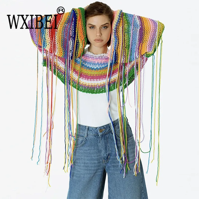 

WXIBEI Women's Rainbow Tassels Weaving Sweater Casual Knitted Long Sleeves Female Pullover 2023 Autumn Winter Jumpers Top FC820