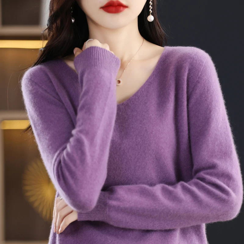 

Женский мягкий свитер из 100% шерсти, однотонный бесшовный пуловер с V-образным вырезом, базовый Повседневный кашемировый Вязаный топ на осень и зиму