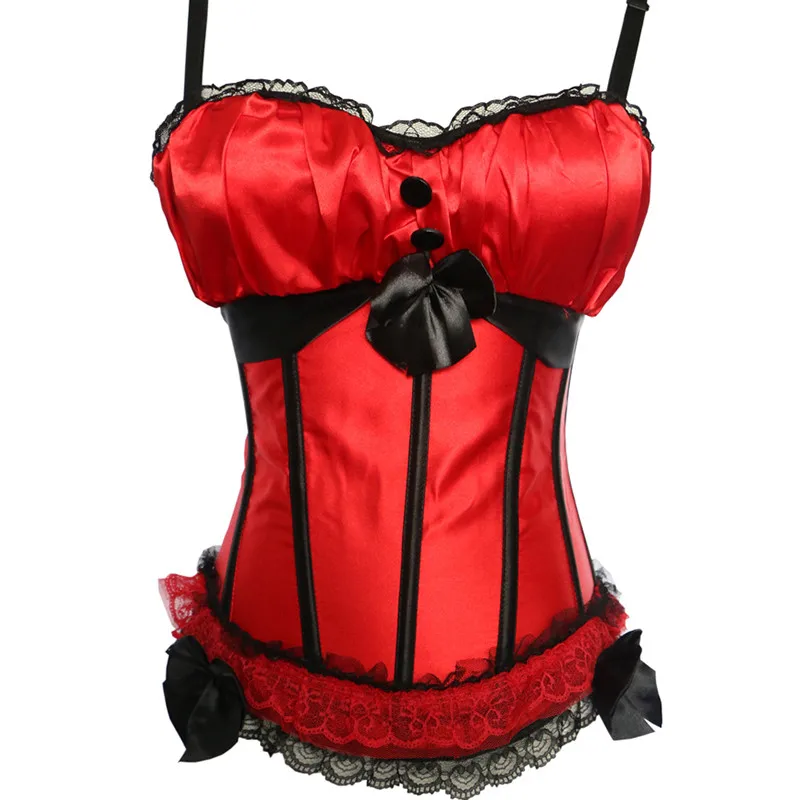 

Sexy Lace Corset Bowknot Decorated Cup Straps Overbust Corsets Bustiers Top With Zipper Side Corselet For Women Plus Size