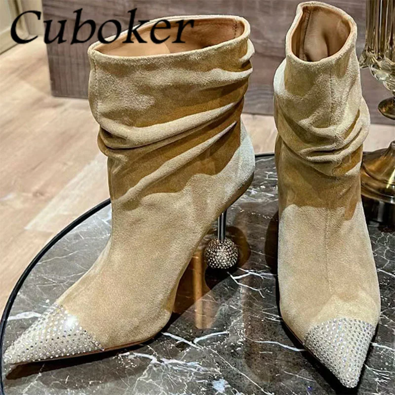 

T-show Runway Pointy Toe Sock Boots Ball Heels Short Suede Boots Female Modern Women's Boots Bling Spring Autumn Boots For Women
