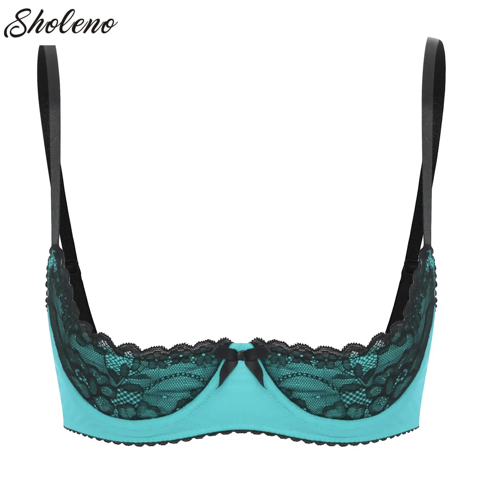 

Womens Sexy Contrast Bra Tops Lingerie Half Cup Lace Push Up Balconette Adjustable Spaghetti Straps Underwire Bralette Underwear