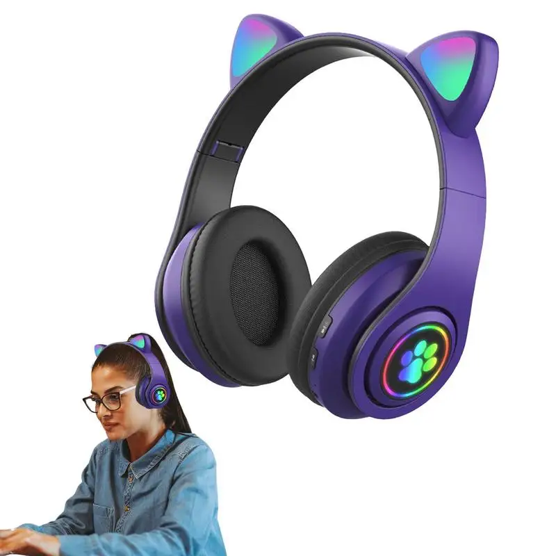 

B39 Cute Cat Ears Wireless Headphone With Mic Flash Light LED Stereo Music Helmet Foldable Phone Headset Kid Girl Gift