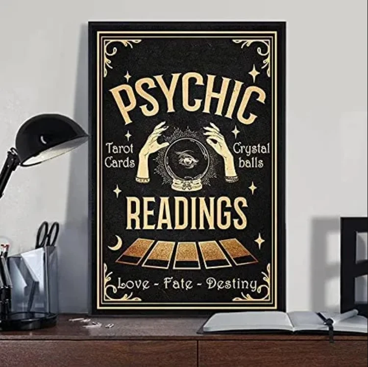 

Metal Tin Sign Tarot Card Psychic Reading Halloween Fortune Teller Psychic Reader Gifts Cat and Witch Halloween Funny Wall
