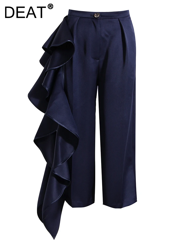 

DEAT Fashion Women's Suit Pants High Waist Asymmetric Ruffled Folds Blue Wide-leg Ankle-length Trouser Spring 2024 New 17A2945