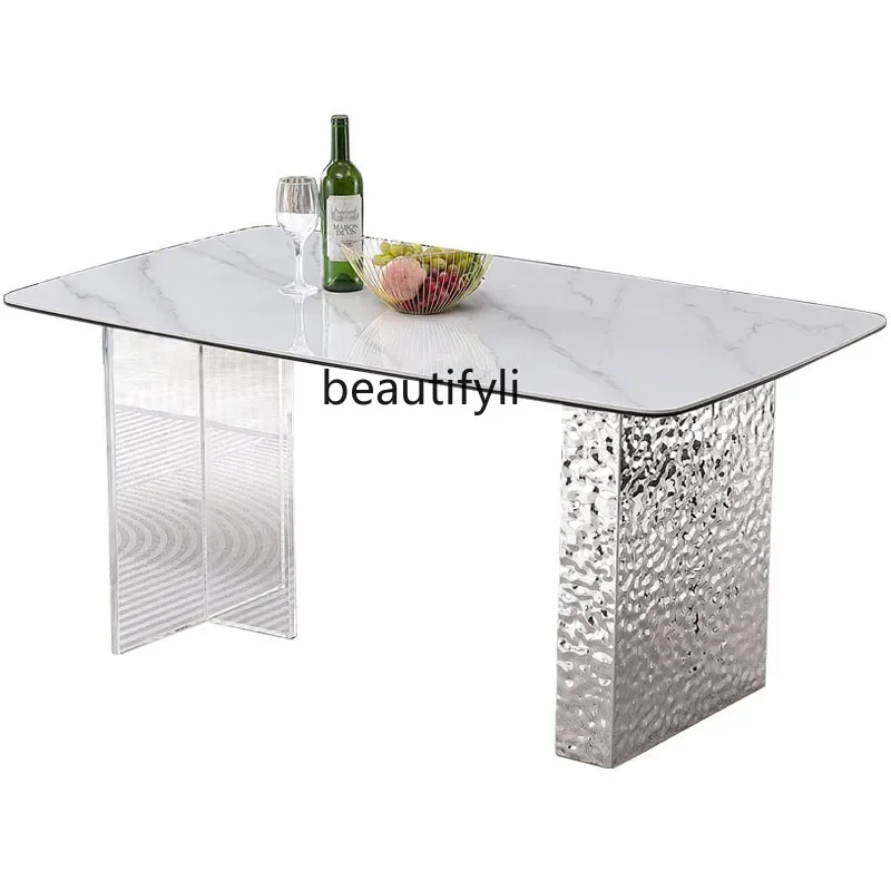 

Modern Simple Rectangular Stone Plate Dining Table Italian Small Apartment Light Luxury Minimalist Stainless Steel