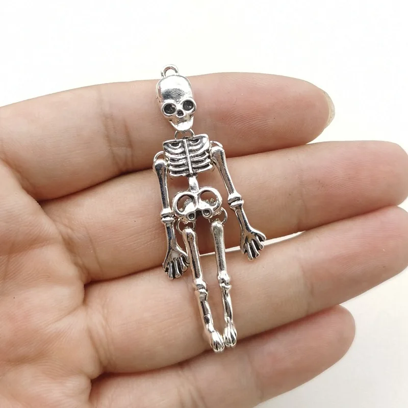 

5pcs 58*15mm Zinc Alloy Silver Color Skull Skeleton Charms Pendant Designer Charms Fit Jewelry Making DIY Jewelry Findings