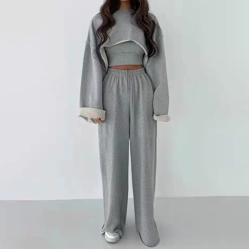 2023 New Women O Neck Long Sleeve Tops Sleeveless Vest Wide Leg Pants Female Casual Three Piece Sets
2023 New Women O Neck Long Sleeve Tops Sleeveless Vest Wide Leg Pants Female Casual Three Piece Sets