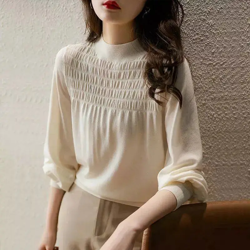 

2023 Autumn and Winter Women's Youth Lantern Sleeves Long Sleeve Thin Loose Comfortable Versatile Knitted Bottom Shirt