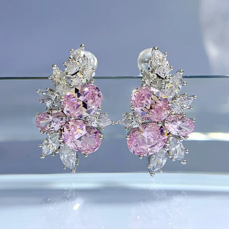 

S925 Silver Fashion Oval 6 * 8 Earrings with Ice Flower Cut Versatile Large Flashing Small Earrings, Simple Style
