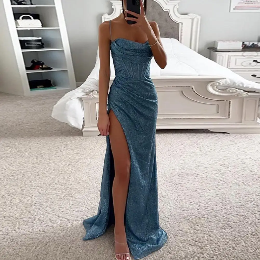 

Thigh Slit Maxi Dress Elegant Sequin Spaghetti Strap Evening Dress with Off Shoulder High Split for Women's Prom Floor Length