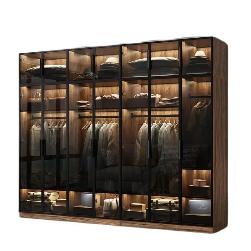 

Modern Simple Solid Wood Wardrobe Nordic Glass Door Home Bedroom Homemade Cloakroom Customized Combination Large Wardrobe