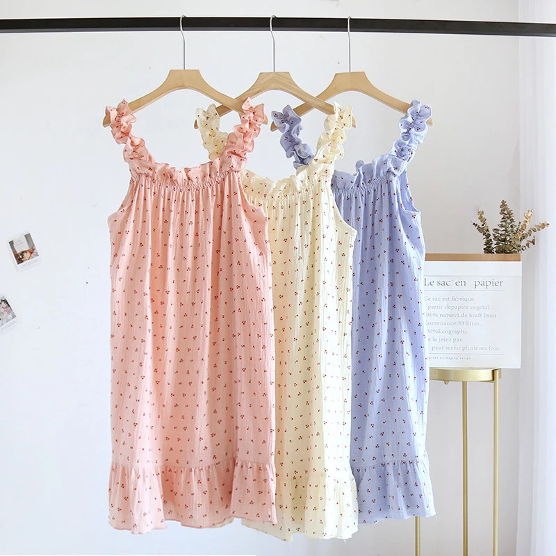 

New Printed Ruffle Edge Sling Nightdress For Women Summer Thin Loose Large Size Nightgown Korean New Off Shoulder Home Pajama