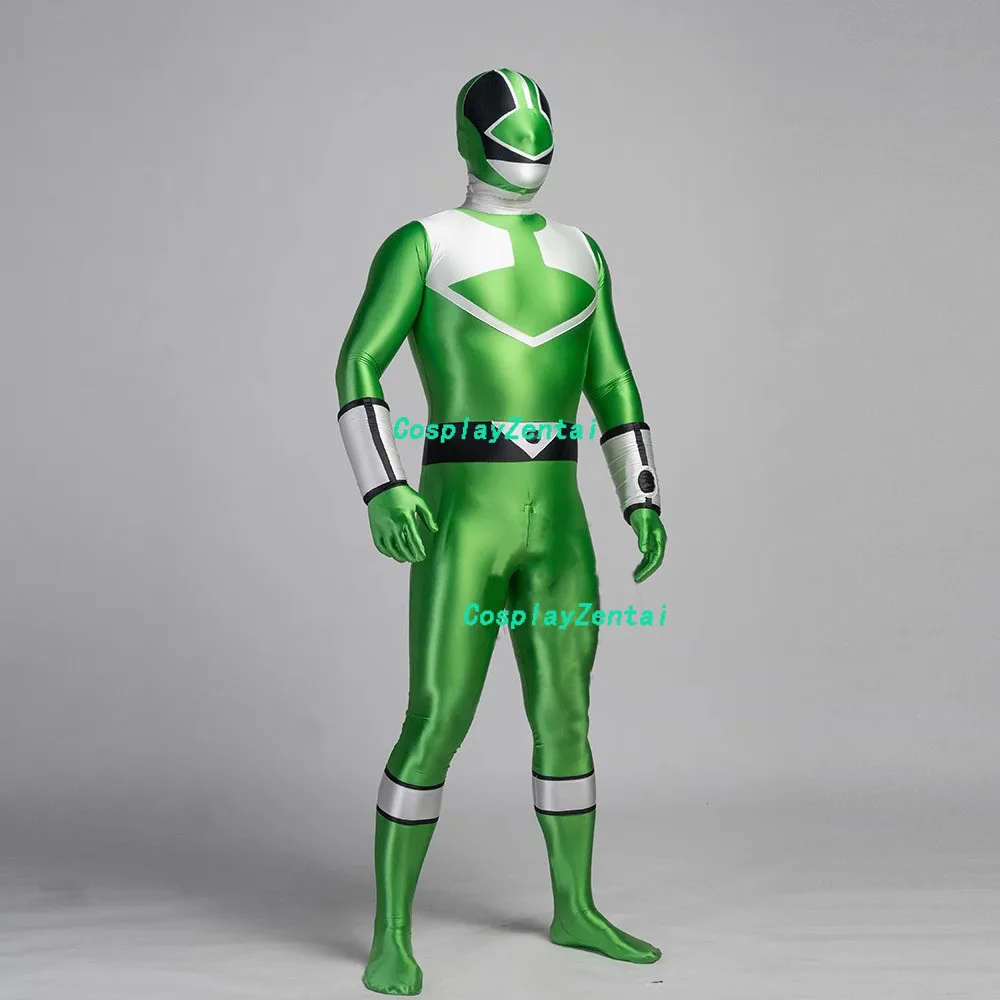 

Green Satin Cosplay Ranger High Quality Spandex Shiny Bright Smooth Zentai Bodysuits Halloween costumes Woman/Men Zentai Suit