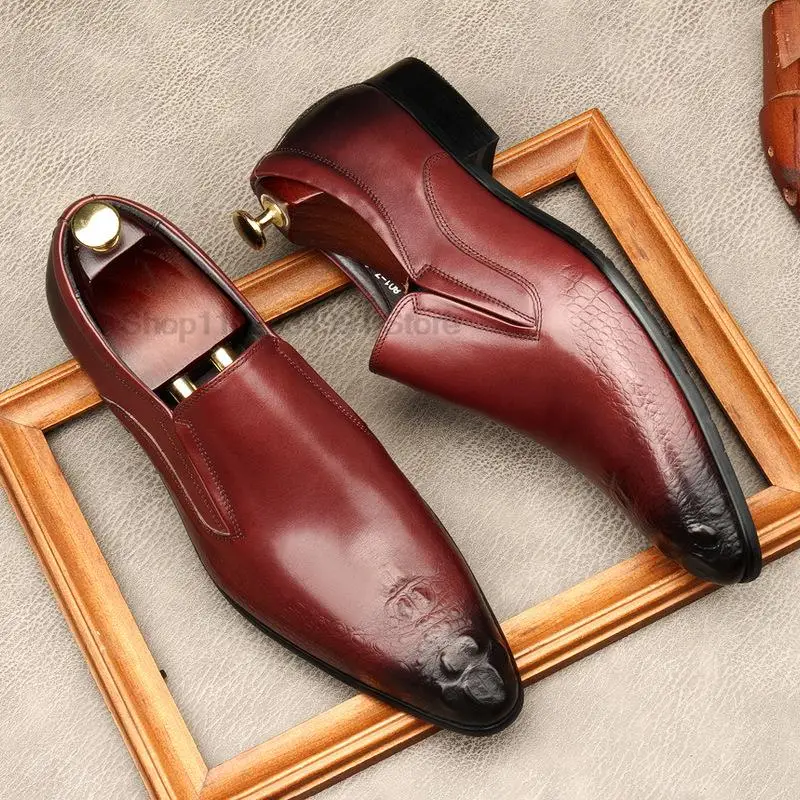 

Black Wine Red Mens Loafers Business Dress Shoes Wedding Banquet Suit Italy Designer Leather Shoes Genuine Leather Pointed Toe